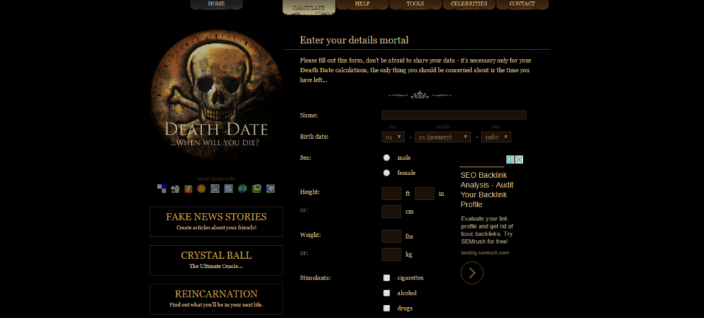 weirdest websites - Death Date
